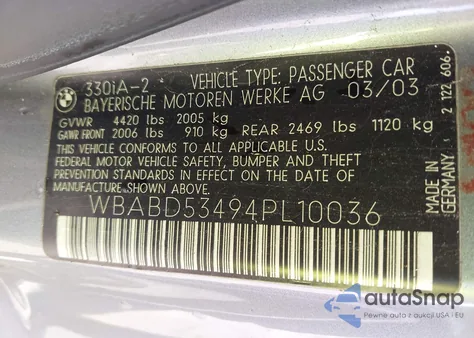 2004 BMW 330Ci из США, поврежденный, VIN WBABD53494PL10036